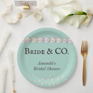 Elegant Bride & Co Teal Blue Pearl Bridal Shower Paper Plates