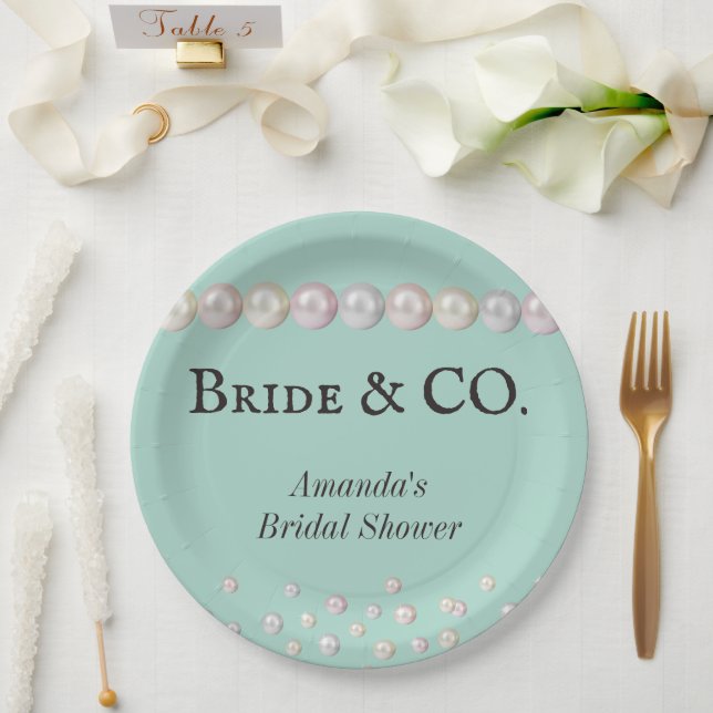 Elegant Bride & Co Teal Blue Pearl Bridal Shower Paper Plates (Wedding)