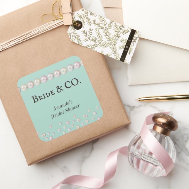 Elegant Bride & Co Teal Blue Pearl Bridal Shower Square Sticker (Gifting)