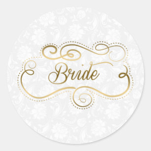 Elegant Bride Gold Text & Swirly Frame Classic Round Sticker