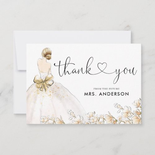 Elegant Bride Gown Dress Gold Floral Bridal Shower Thank You Card