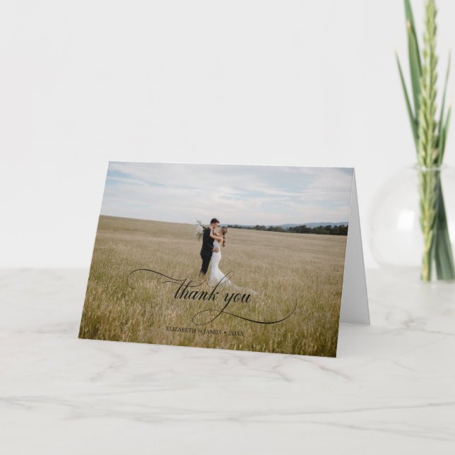 Elegant Bride Groom Calligraphy Wedding Photo Thank You Card (Front)