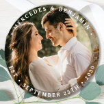 Elegant Bride Groom Modern Photo Name Date Wedding Classic Round Sticker<br><div class="desc">Add the finishing touch to your wedding with these modern and simple custom photo wedding stickers. Perfect as wedding favors to all your guests . Customize these wedding stickers with your favorite engagement photo, newlywed photo, and personalize with name and date. See our wedding collection for matching wedding favors, newlywed...</div>