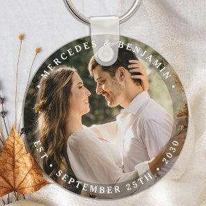 Elegant Bride Groom Modern Photo Name Date Wedding Keychain