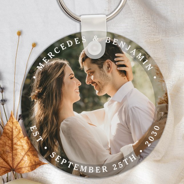 Elegant Bride Groom Modern Photo Name Date Wedding Keychain (Creator Uploaded)