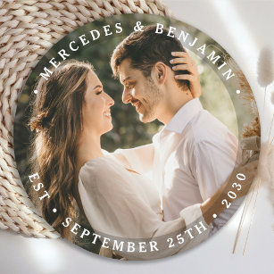 Elegant Bride Groom Modern Photo Name Date Wedding Round Paper Coaster