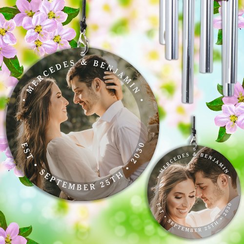 Elegant Bride Groom Modern Photo Name Date Wedding Wind Chime