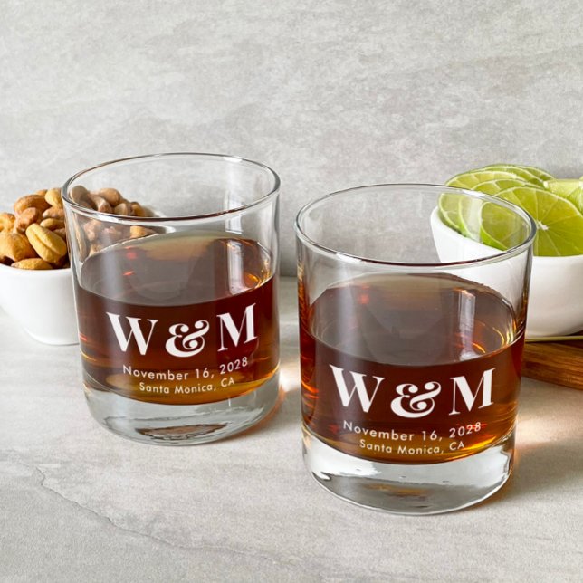 Elegant Bride Groom Monogram Initials Wedding Rocks Glass (Creator Uploaded)