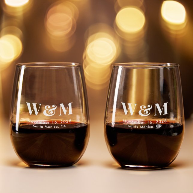 Elegant Bride Groom Monogram Initials Wedding Stemless Wine Glass (Creator Uploaded)