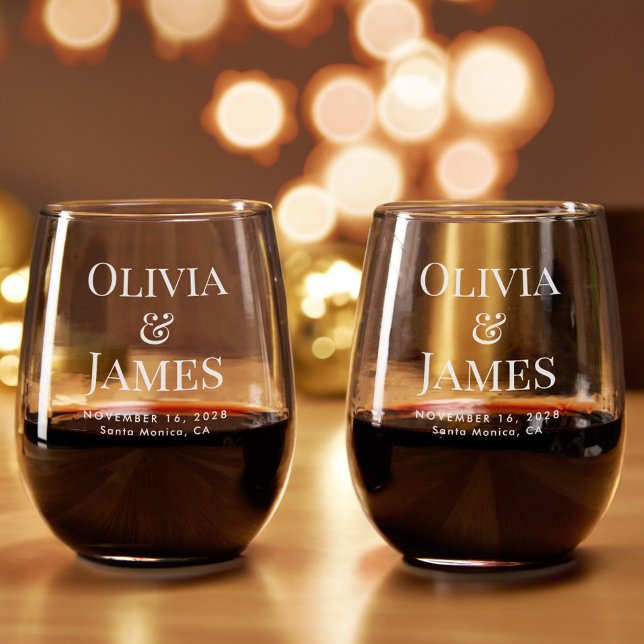 Elegant Bride Groom Monogram Wedding Stemless Wine Glass (Creator Uploaded)