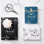 Elegant Bride Groom Names Black Blue White Wedding Wrapping Paper Sheets<br><div class="desc">Elegant Bride Groom Names Black Blue White Wedding Wrapping Paper Sheets . It is a set of 3 sheets with the names of bride and groom written in pretty script font on different colored background . One sheet has black background , second sheet has blue background and the third sheet...</div>