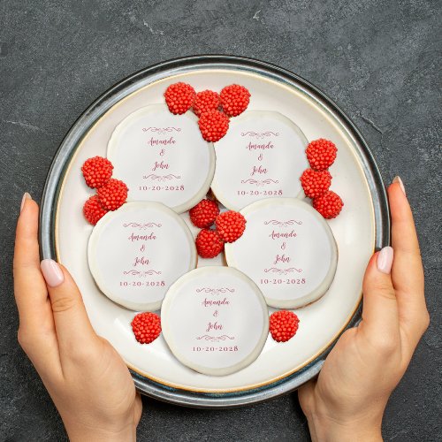 Elegant Bride Groom Names Wedding Date Magenta Red Sugar Cookie