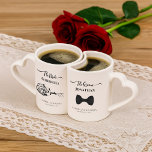 Elegant Bride & Groom Rose & Bow Tie Lovers' mug<br><div class="desc">This beautiful lover's mug set is perfect as a wedding gift or as a memento of your special day. It features a simple yet elegant black and white design boasting fancy script lettering with swashes or flourishes on the ends of the letters. Her mug reads: The Bride with her name...</div>