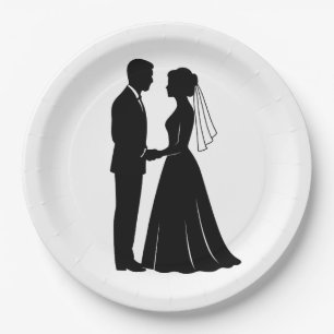 Elegant Bride Groom Silhouette Black And White  Paper Plates
