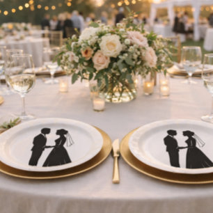 Elegant Bride Groom Silhouette Black And White  Paper Plates