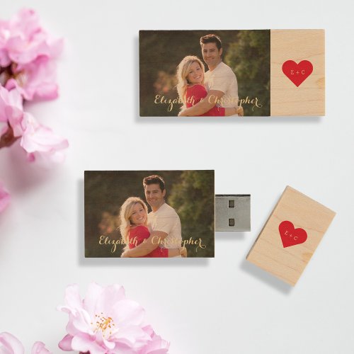 Elegant Bride Groom Wedding Couple Photo Heart USB Wood Flash Drive