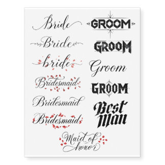 Elegant Bride & Groom Wedding Party Temporary Tattoos