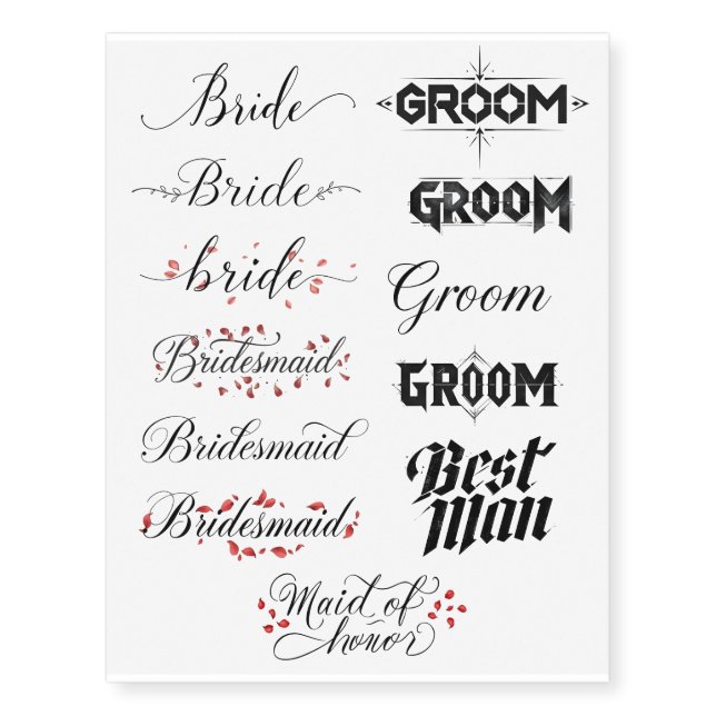 Elegant Bride & Groom Wedding Party  Temporary Tattoos (Front)