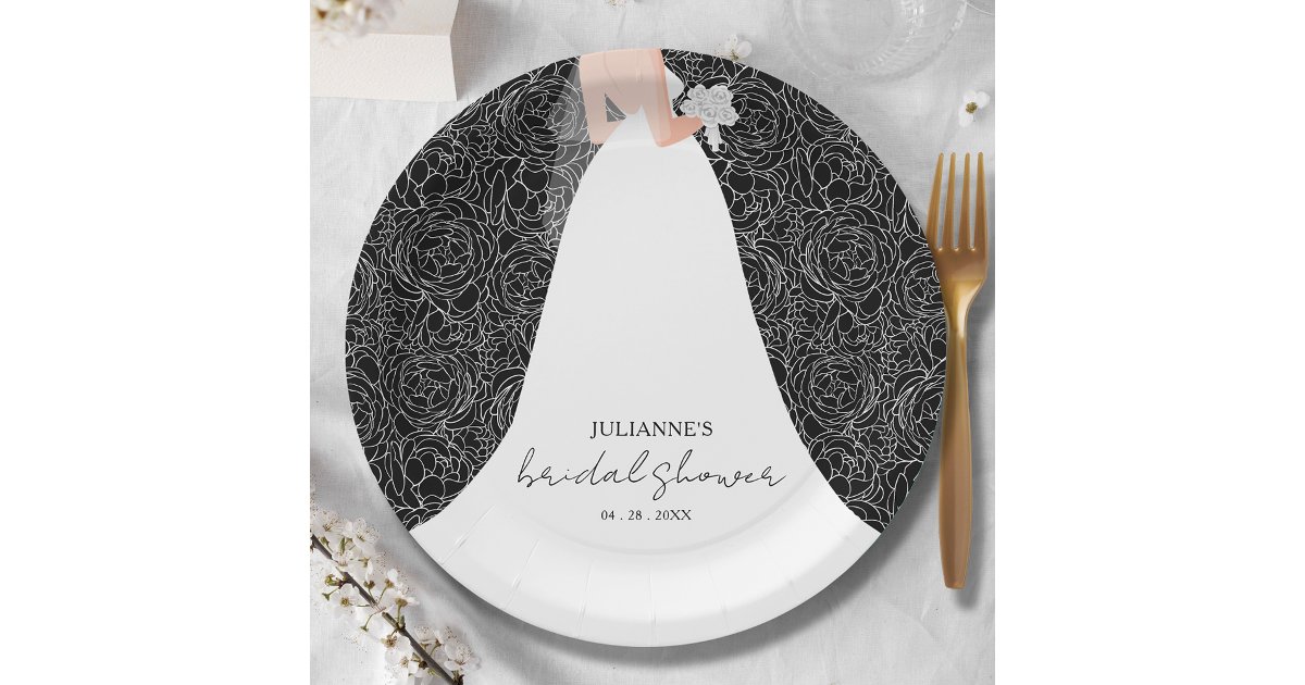 Elegant Bride on Black Bridal Shower Paper Plates | Zazzle