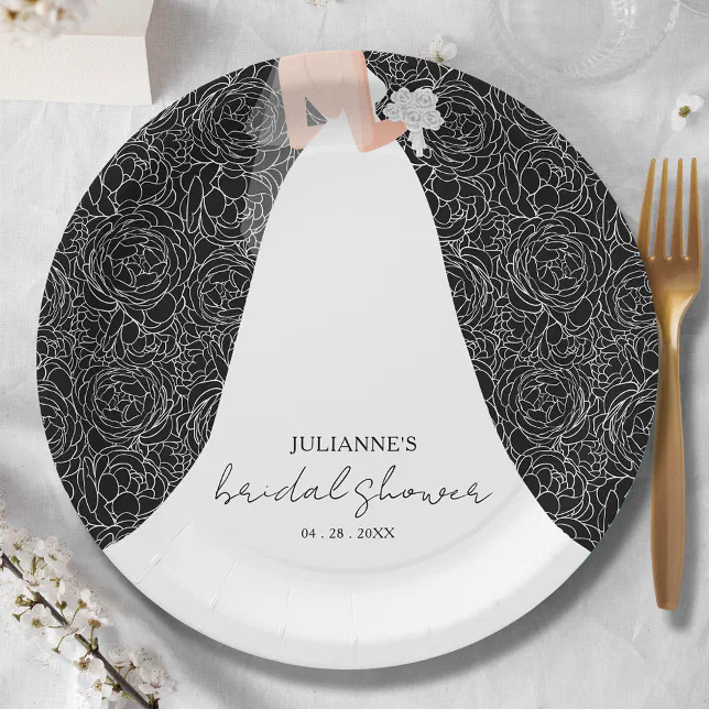 Elegant Bride on Black Bridal Shower Paper Plates | Zazzle