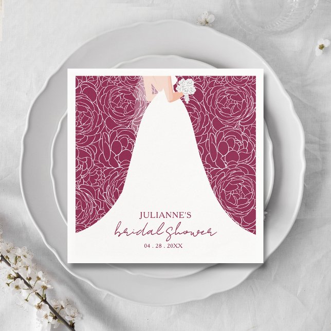 Elegant Bride on Cranberry Bridal Shower Napkins (Elegant bride in her gown on a background of sketched roses on cranberry bridal shower napkins)