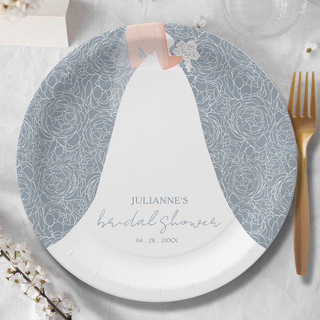Elegant Bride on Dusty Blue Bridal Shower Paper Plates (Creator Uploaded)