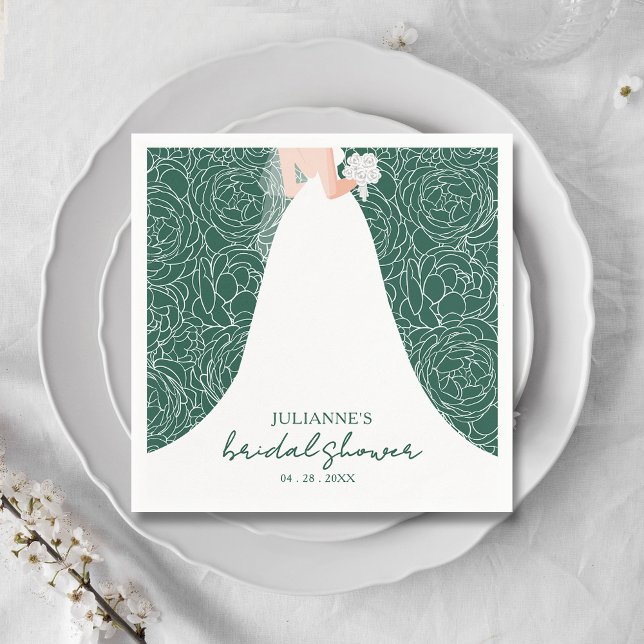 Elegant Bride on Green Bridal Shower Napkins (Elegant bride in her gown on a background of sketched roses on emerald green bridal shower napkins)