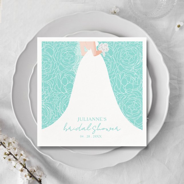 Elegant Bride on Turquoise Bridal Shower Napkins (Elegant bride in her gown on a background of sketched roses on turquoise bridal shower napkins)