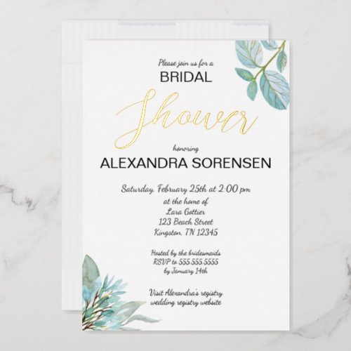 Elegant Bride Sage and Gold Shower Foil Invitation