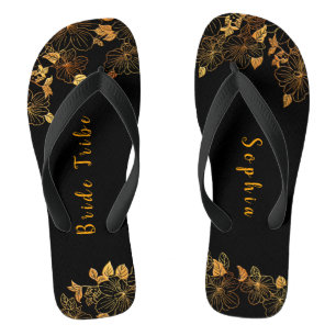 Elegant Bride Tribe Black & Gold Foliage Pattern Flip Flops