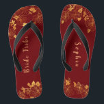 Elegant Bride Tribe Dark Burgundy & Gold Foliage  Flip Flops<br><div class="desc">These elegant bride tribe dark burgundy and gold foliage pattern flip flops have a dark burgundy background that is adorned with an intricate gold floral greenery pattern and customizable modern typography. The combination of the rich burgundy and the shimmering gold create an elegant and luxurious aesthetic. It's a beautiful gift...</div>