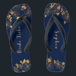Elegant Bride Tribe Gold Foliage Navy Blue Flip Flops<br><div class="desc">These elegant bride tribe gold foliage pattern navy blue flip flops have a dark blue background that is adorned with an intricate gold floral greenery pattern and customizable modern typography. The combination of the rich navy and the shimmering gold create an elegant and luxurious aesthetic. It's a beautiful gift for...</div>