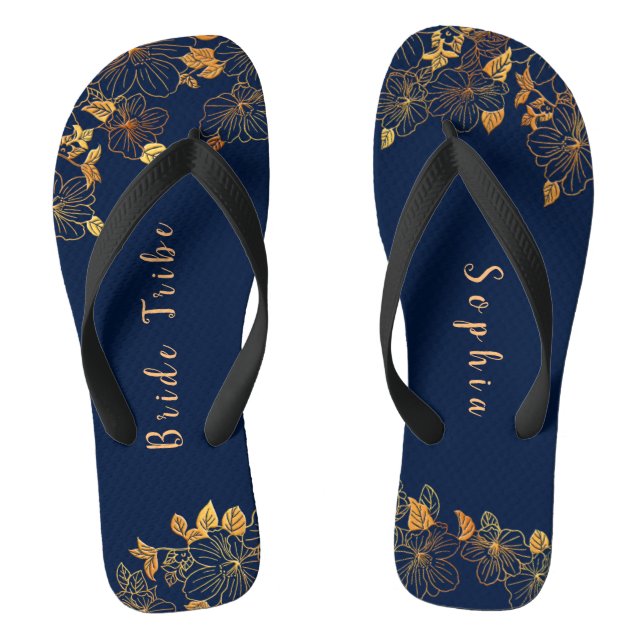 Elegant Bride Tribe Gold Foliage Navy Blue Flip Flops (Footbed)