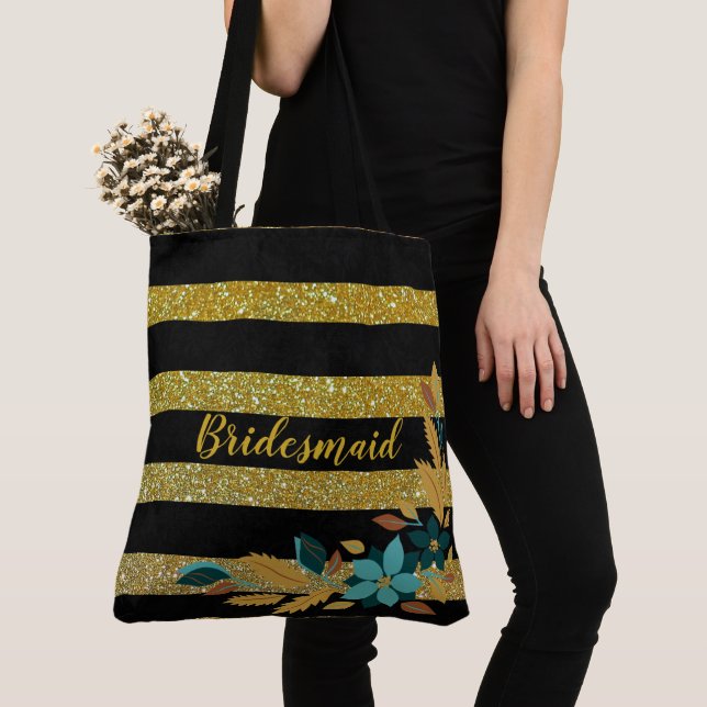 Elegant Bridesmaid Blush Floral Golden Stripes Tote Bag (Close Up)