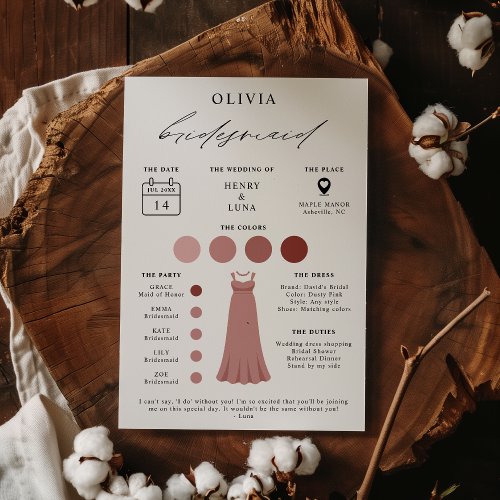 Elegant Bridesmaid Bridal Party Info Card