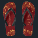 Elegant Bridesmaid Deep Burgundy & Gold Floral Flip Flops<br><div class="desc">These elegant bridesmaid Deep Burgundy and gold floral pattern flip flops have a dark burgundy background that is adorned with an intricate gold floral greenery pattern and customizable modern typography. The combination of the rich burgundy and the shimmering gold create an elegant and luxurious aesthetic. It's a beautiful gift for...</div>