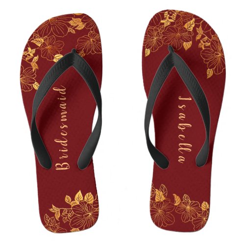 Elegant Bridesmaid Deep Burgundy  Gold Floral Flip Flops