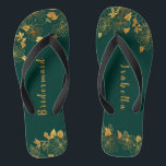 Elegant Bridesmaid Emerald Green & Gold Foliage  Flip Flops<br><div class="desc">These elegant bridesmaid emerald green and gold foliage flip flops feature golden foliage pattern and modern typography on timeless dark green background. It's a beautiful gift for your bridal party. View the collection on this page to find matching items. ♥Customize it with your information. ♥ If you want to change...</div>