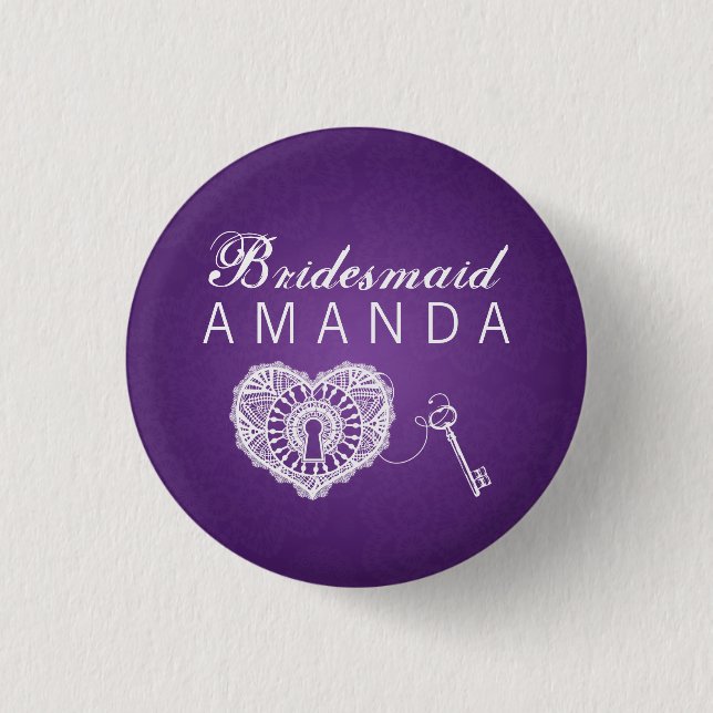 Elegant Bridesmaid Favor Key To My Heart Purple Pinback Button (Front)