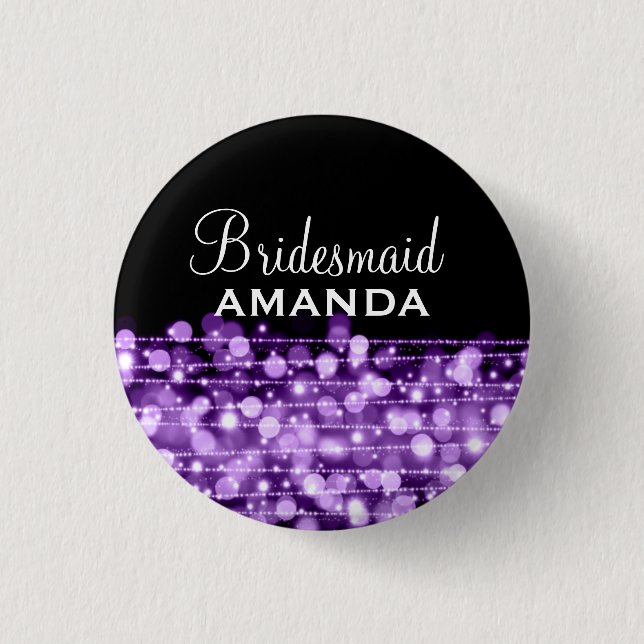 Elegant Bridesmaid Favor Party Sparkles Purple Button (Front)
