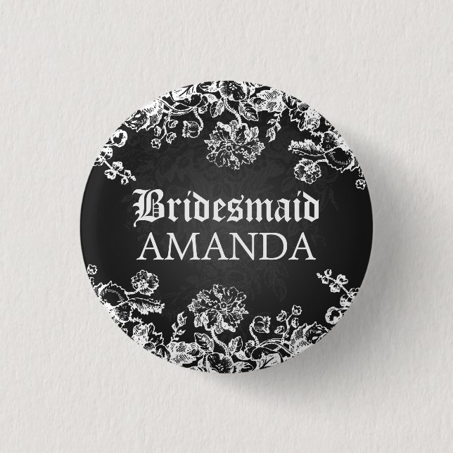 Elegant Bridesmaid Favor Victorian Flourish Black Pinback Button (Front)