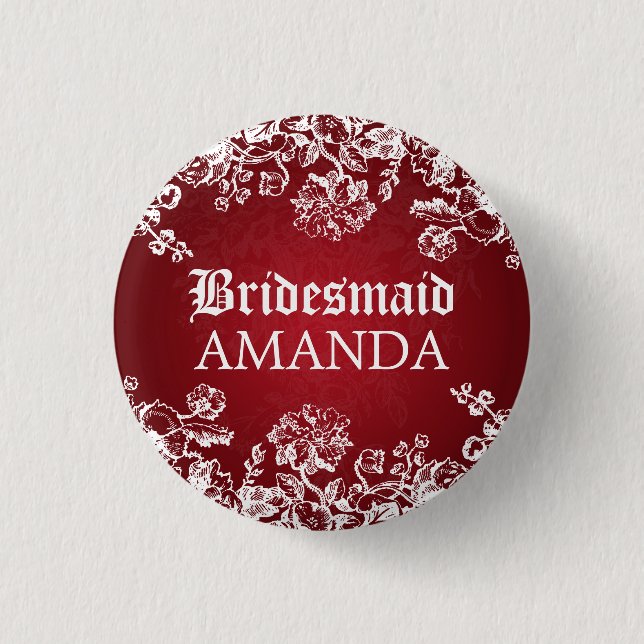 Elegant Bridesmaid Favor Victorian Flourish Red Button (Front)