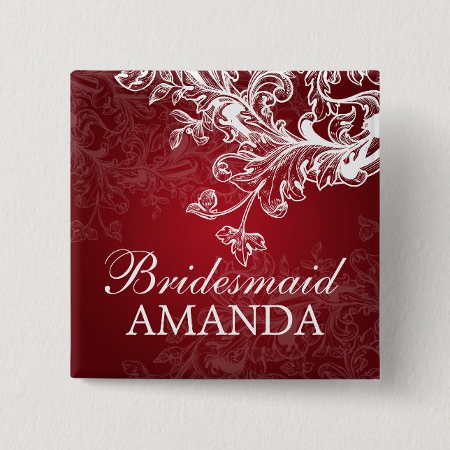 Elegant Bridesmaid Favor Vintage Swirls Red Button (Front)