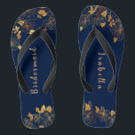 Elegant Bridesmaid Gold Floral Navy Blue Flip Flops<br><div class="desc">These elegant bridesmaid gold floral pattern navy blue flip flops have a dark blue background that is adorned with an intricate gold floral greenery pattern and customizable modern typography. The combination of the rich navy and the shimmering gold create an elegant and luxurious aesthetic. It's a beautiful gift for your...</div>