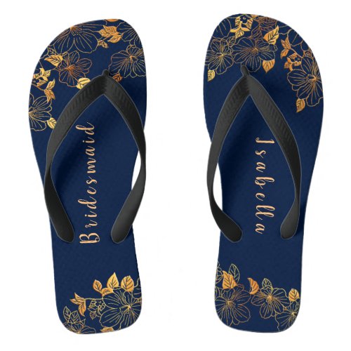 Elegant Bridesmaid Gold Floral Navy Blue Flip Flops