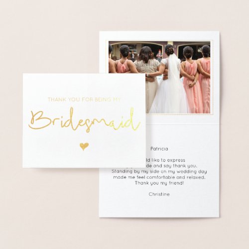 Elegant Bridesmaid Thank You Photo Gold Foil Card