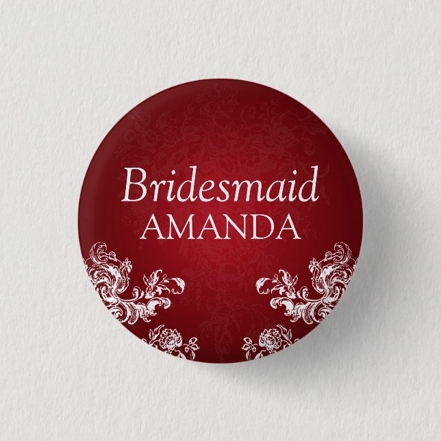 Elegant Bridesmaid Vintage Swirls 2 Red Pinback Button (Front)