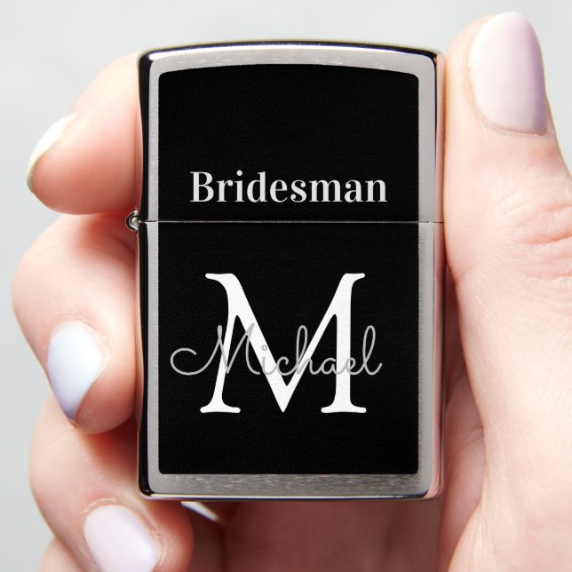 elegant bridesman monogram black white zippo lighter (In Hand)