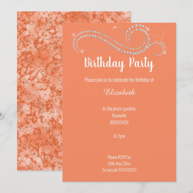 ELEGANT BRIGHT APRICOT DIAMOND BIRTHDAY PARTY INVITATION (Front/Back)
