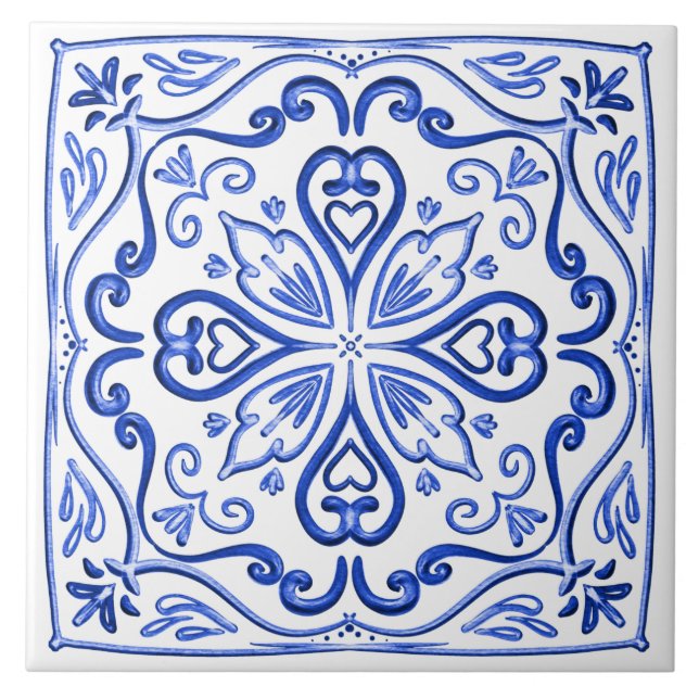 Elegant Bright Blue and White Ceramic Tile (Front)